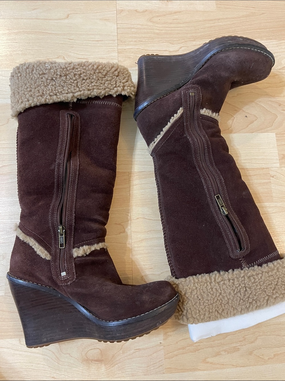 UGG Brown Suede Shearling Wedge Boots